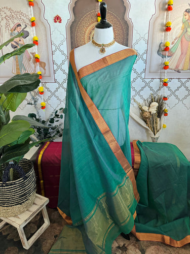 Handwoven Mangalgiri Cotton Saree | Peacock Blue Green | Gold Zari | Handwoven | Ships from California